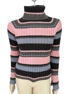 NWT VTG NEXT ERA Striped Ribbed Turtleneck Sweater Y2K Pink Blue Gray SZ M